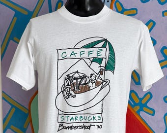 1990 Caffé Starbucks Bumbershoot T-Shirt. Single Stitch. Made in USA - Size Medium Long 19.75" x 28"