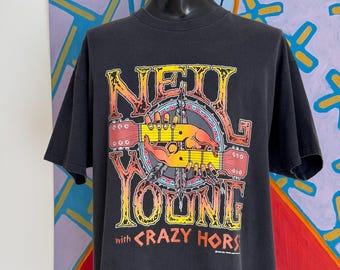 90s Neil Young With Crazy Horse Tour T-Shirt. Single Stitch Sleeves. - Size XL 23.75” x 31”