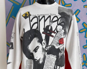 90s James Dean Fairmont News Newspaper Headline All Over Print Sweatshirt. Made in USA - Size M/L 21.5” x 26” x 23”