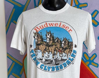 80s Budweiser Team Clydesdales Beer T-Shirt. Single Stitch. Made In USA - Size M/L 20.75" x 26.5"