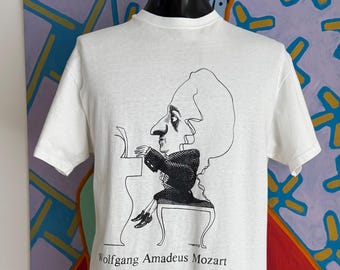 90s Largely Literary Wolfgang Amadeus Mozart Steven Cragg Caricature T-Shirt. Single Stitch. Made in USA - Size Large 21.25" x 28.75"