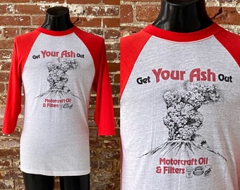 1980 Mount St Helens Get Your Ash Out Motorcraft Oil & Filters Red and White Raglan T-Shirt. Made in USA - Small/Medium Long 18.5" x 30"