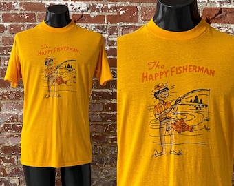 80s the Happy Fisherman T-shirt. Vintage Early 1980s Yellow