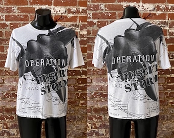 1991 Operation Desert Storm All Over Print Graphic T-Shirt. Vintage 90s US Military Commemorative Tee Single Stitch Sleeve - Large 21" x 27"