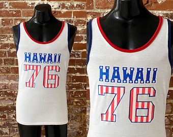 Hawaii '76 Graphic Souvenir Tank Top. Vintage 1970s Hawaii Blue/Red White Two Tone Ringer Tank. Single Stitch 50/50 - Small 18.5" x 28"