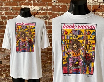 80s Book Woman Kiki Suarez Art T-Shirt. Vintage 1989 Book Woman Art Tee Single Stitch Made in USA - XL 23.5" x 29"