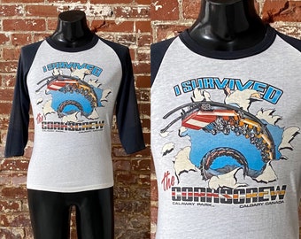 80s Rollercoaster “The Corkscrew” Calgary, Alberta Souvenir Tee. Vintage 1980s Calaway Park Theme Park Tee Single Stitch - Small 18" x 26"