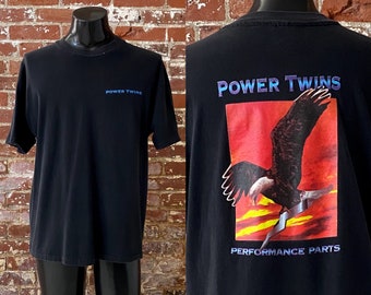 90s Power Twins Performance Parts Eagle Graphic T-Shirt. Vintage 1990s Power Twins Motorcycle Parts Tee. Single Stitch - XL 23" x 28.5"