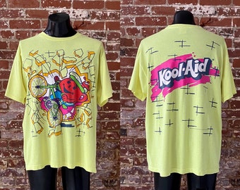 90s Kool-Aid Big Print Neon Yellow T-Shirt. Vintage 1990s Kool-Aid Promo Tee. Single Stitch Made in Canada - XXL 25" x 30"