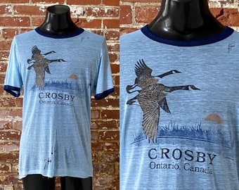 80s Crosby Ontario Canada Goose Souvenir Tee. Vintage 1980s Worn Threadbare Blue Canada Goose Graphic Ringer Tee - M/L Long 20.5" x 29"