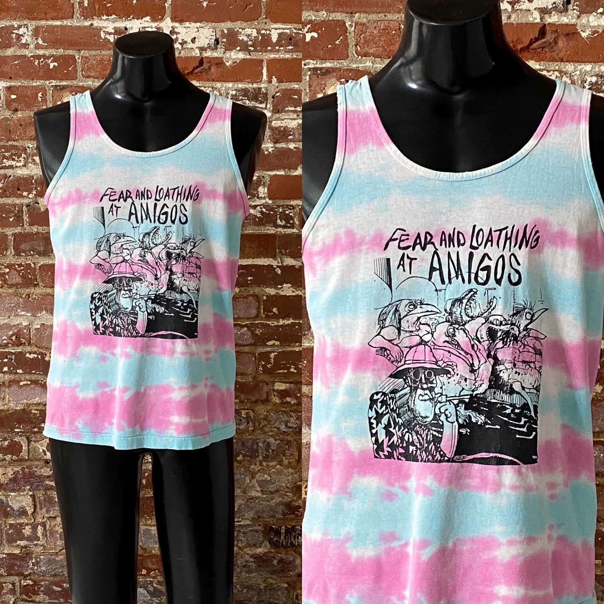 90s Fear And Loathing At Amigos Tie Dye Tank. Vintage 1990s Fear And Loathing Parody Amigo’s Souvenir Tank Top Single Stitch - Med 20x27