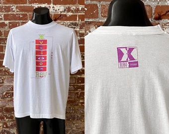 90s X-Ray Vision Neon Graphic Art T-Shirt. Vintage 1999 X-Ray Jostens Vision Graphic Tee. Single Stitch Made in USA - Large 22.5" x 27"