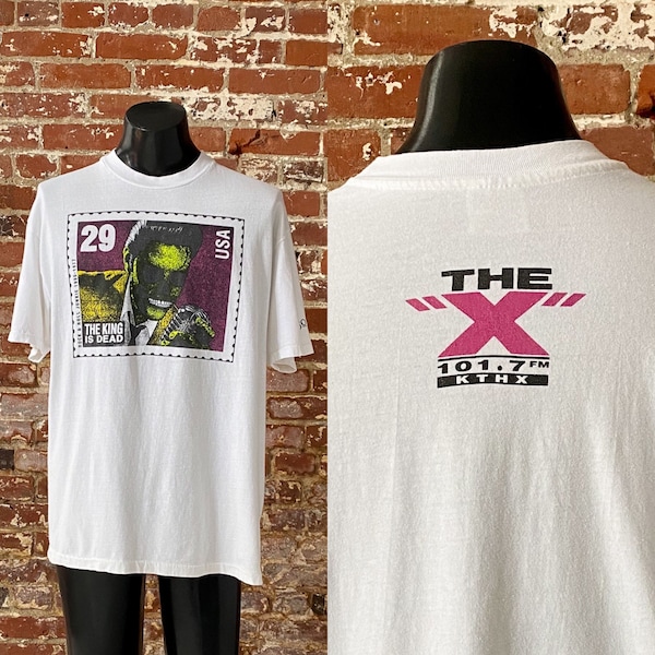 90s BoDeans The King Is Dead Elvis Postage Stamp T-Shirt. Vintage 1990s BoDeans The "X" 101.7 FM KTHX Reno Radio Tee - XL 23.5" x 30"