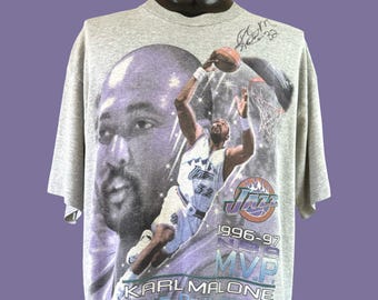 Camiseta de Karl Malone de los 90, MVP de la NBA 1996-97, Utah Jazz, con su firma. Costura sencilla. Hecha en EE. UU. - Talla XXL (64 x 79 cm).