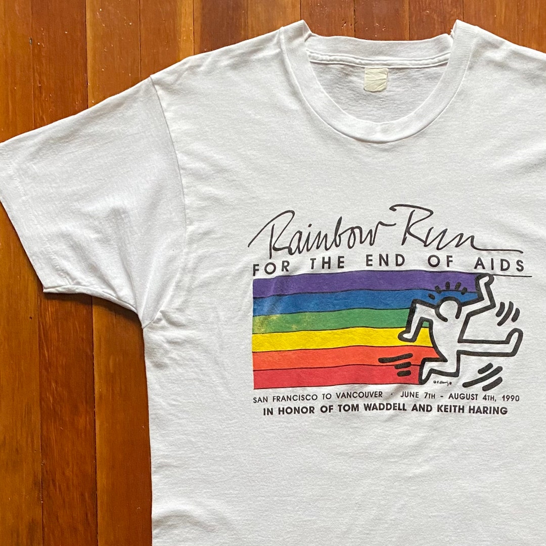 90s Keith Haring Rainbow Run Art T-shirt. Vintage 1990