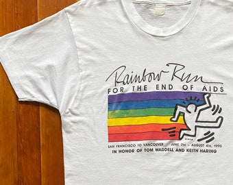 90s Keith Haring Rainbow Run Art T-Shirt. Vintage 1990 Rainbow Run For The End Of AIDS Keith Haring Art Print Tee. Size M/L Long.