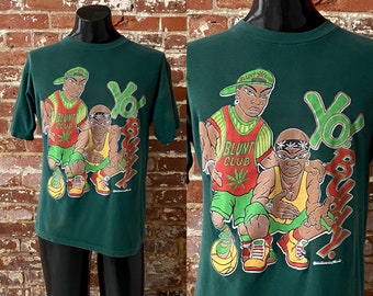 90s Homeboy Family Blunt Club “Yo! Buddy.” T-Shirt. Vintage 1990s Dark Green Blunt Club Homeboy Family Tee. Single Stitch - Large 21" x 27"