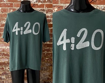 90s 4:20 Andazia International Dark Green Graphic T-Shirt. Vintage 1990s Stoner Weed Novelty Tee. Single Stitch Made in USA - XL 23.5" x 28"