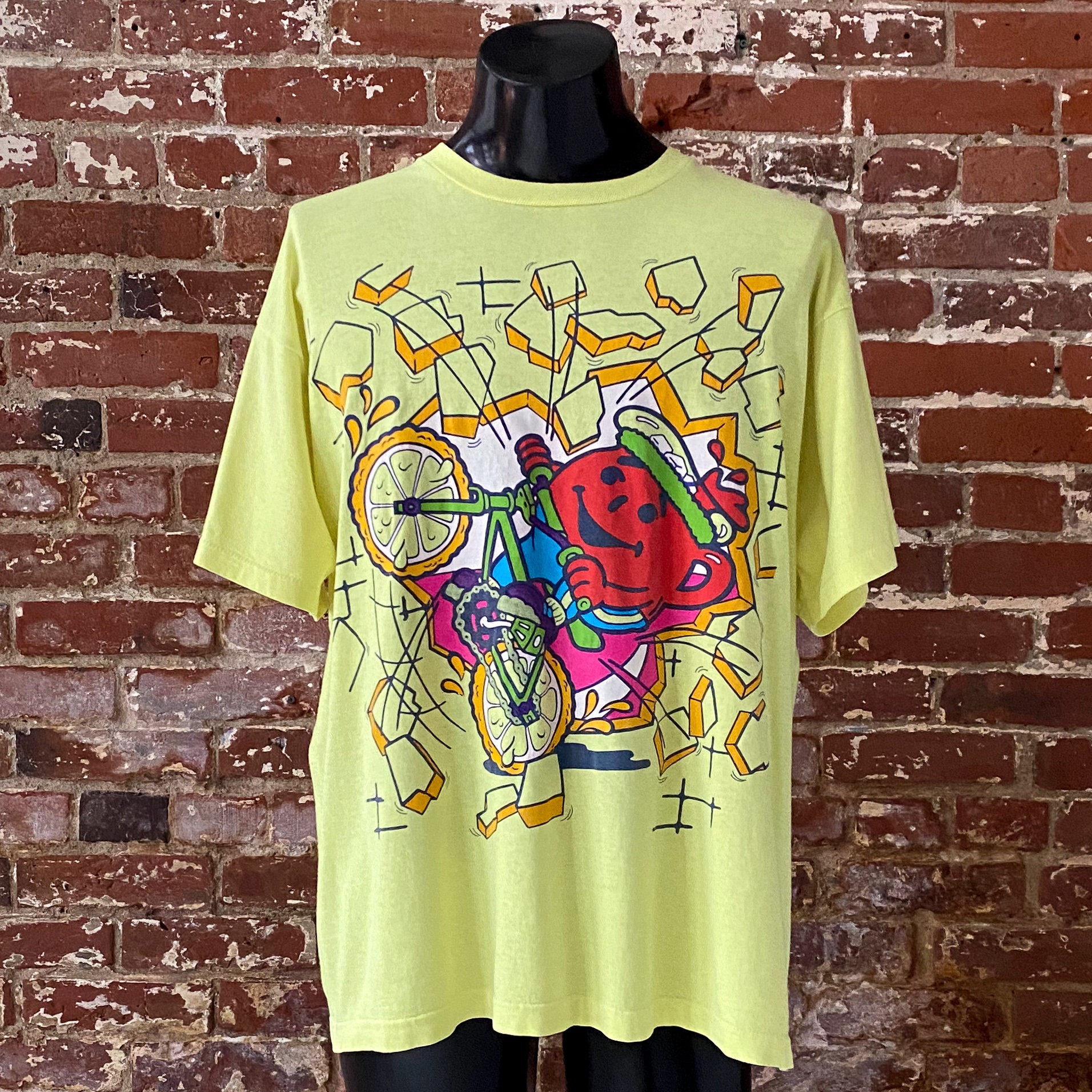 90s Kool-aid Big Print Neon Yellow T-shirt. Vintage 1990s Kool-aid