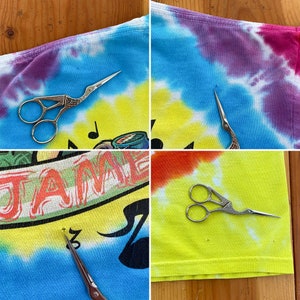 Op de afbeelding: Een tie-dye shirt met het woord "JAME" erop gedrukt. Er zitten drie kleine gaatjes in het shirt, elk met een klein zilveren schaartje erin gestoken.
