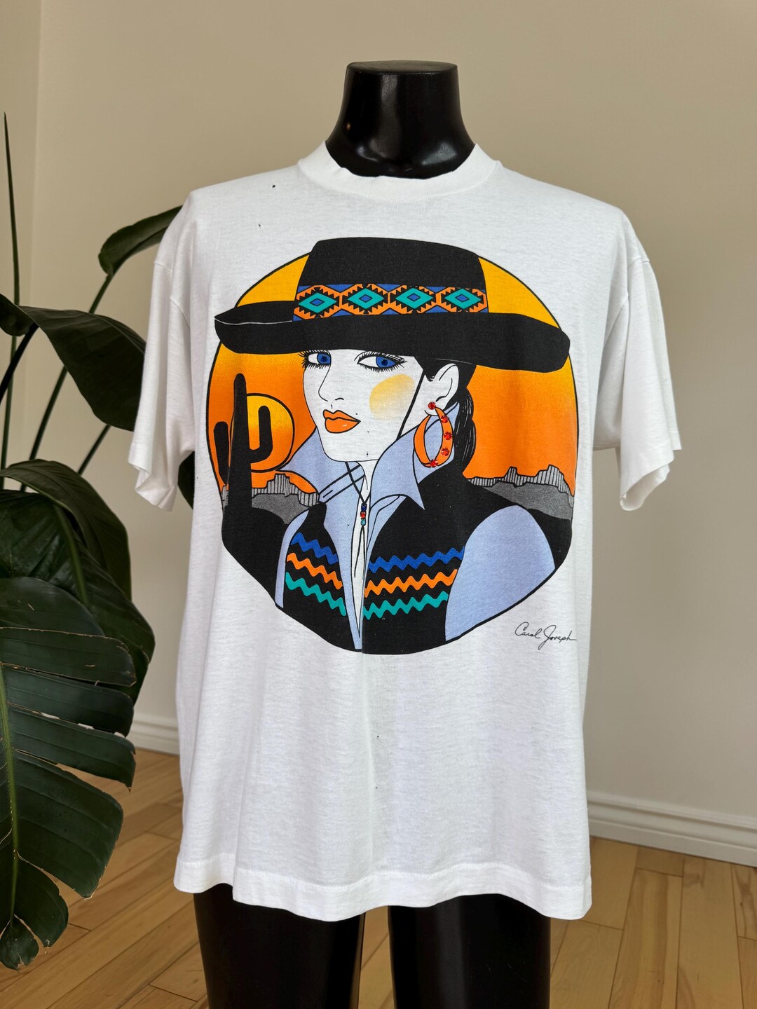 90s Carol Joseph Bedazzled Southwest Cowgirl Art T-shirt. Single