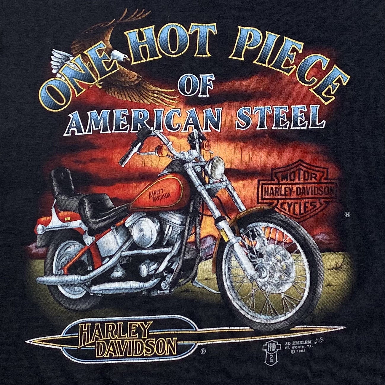 80s 3D Emblem Harley Davidson One Hot Piece of American Steel T 