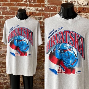 90s Croatia World Cup 1998 T-Shirt. Vintage 1994 France &#39;98 Hrvatska World Cup Soccer Tee. Single Stitch Made in Canada - XXL 25&quot; x 30.5&quot;