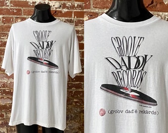 90s Groove Daddy Records Los Angeles T-Shirt. Vintage 1990s Groove Daddy Records Los Angeles Record Label Tee. Single Stitch Sleeve - XL
