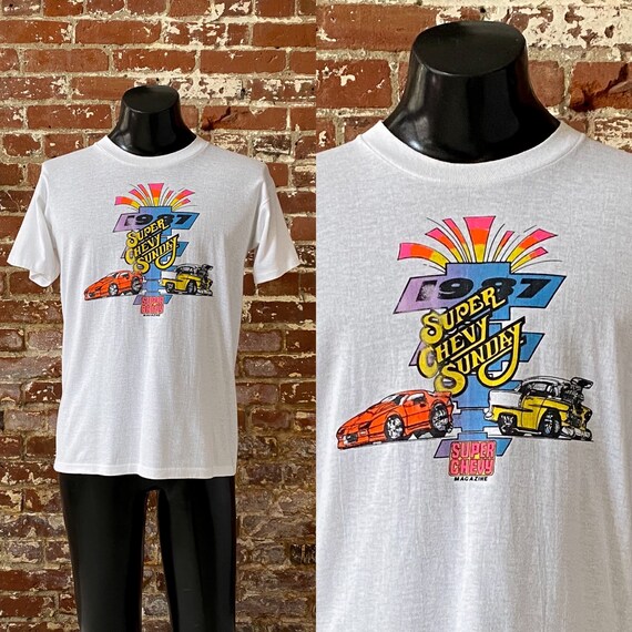 80s Super Chevy Sunday Graphic T-shirt. Vintage 1987 Super Chevy 