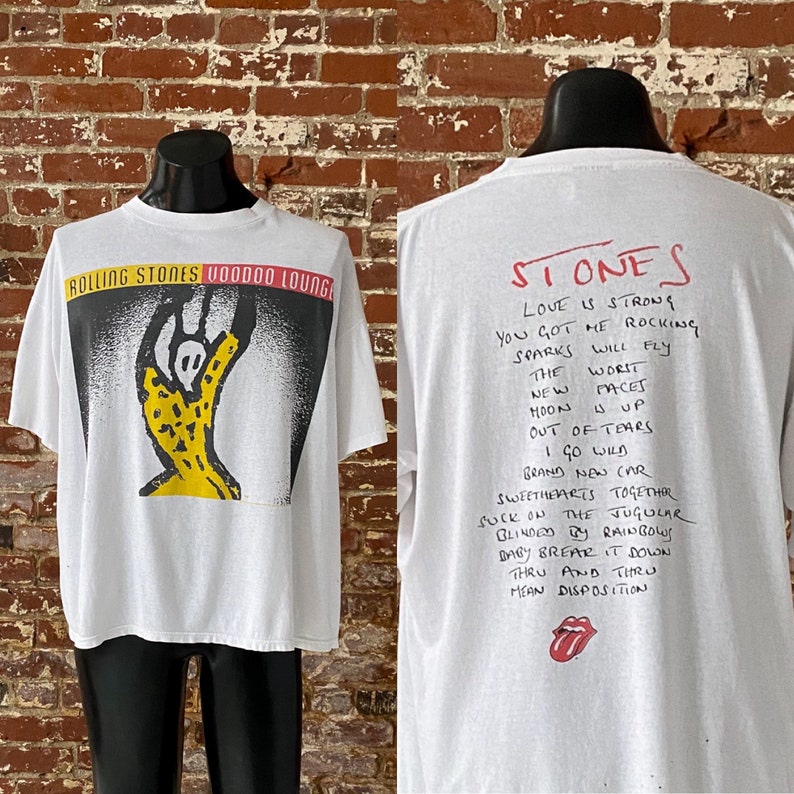90s Rolling Stones Voodoo Lounge Album Promo T-Shirt. Vintage 1994 Rolling Stones Track Listing Tee. Brockum Made shops in USA - XXL 26