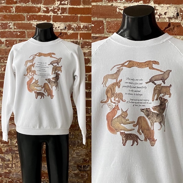 1988 Friends Of Animals Anti Fur Crewneck. Vintage 80s Animal Rights Anti-Fur Friends Of Animals Graphic Sweatshirt - Med/Large 22.5" x 26"