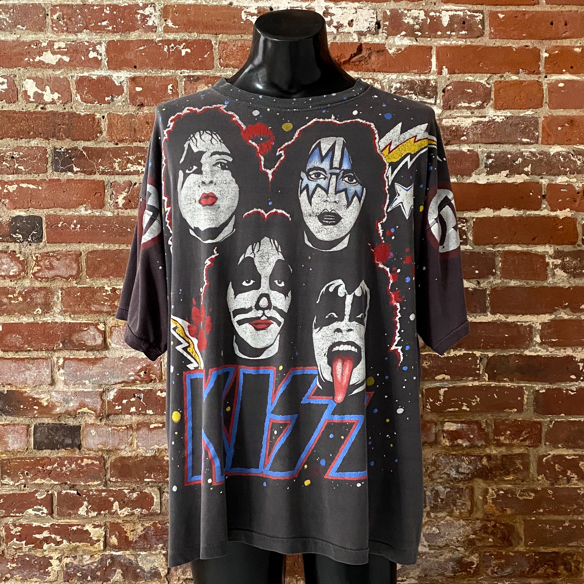 90s KISS All Over Print Band T-shirt. Vintage 1990s Kiss Backstage