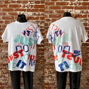 90s Nike Just Do It All Over Print T-Shirt. Vintage 1990s AOP Just Do It Nike Gray Tag Tee. Single Stitch Made in USA - XL 23.5" x 28.5"