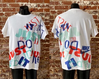 90s Nike Just Do It All Over Print T-Shirt. Vintage 1990s AOP Just Do It Nike Gray Tag Tee. Single Stitch Made in USA - XL 23.5" x 28.5"
