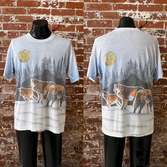 90s Wolves In Snow Nature AOP T-Shirt. Vintage Early 1990s Wolf Pack Nature All Over Print Tee. Single Stitch Made in USA - XL 23" x 28.5"