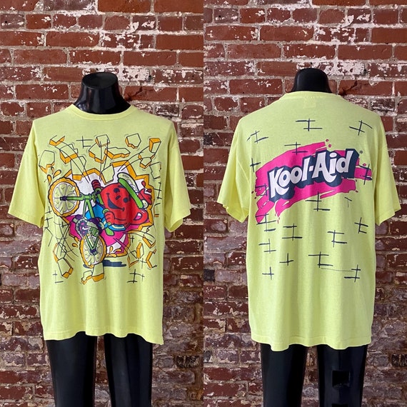 90s Kool-aid Big Print Neon Yellow T-shirt. Vintage 1990s Kool-aid