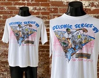 80s Seismic Series 89 T-Shirt. Vintage 1989 Oakland San Francisco World Series The Great Quake Tee. Single Stitch - Boxy L/XL 23" x 26"