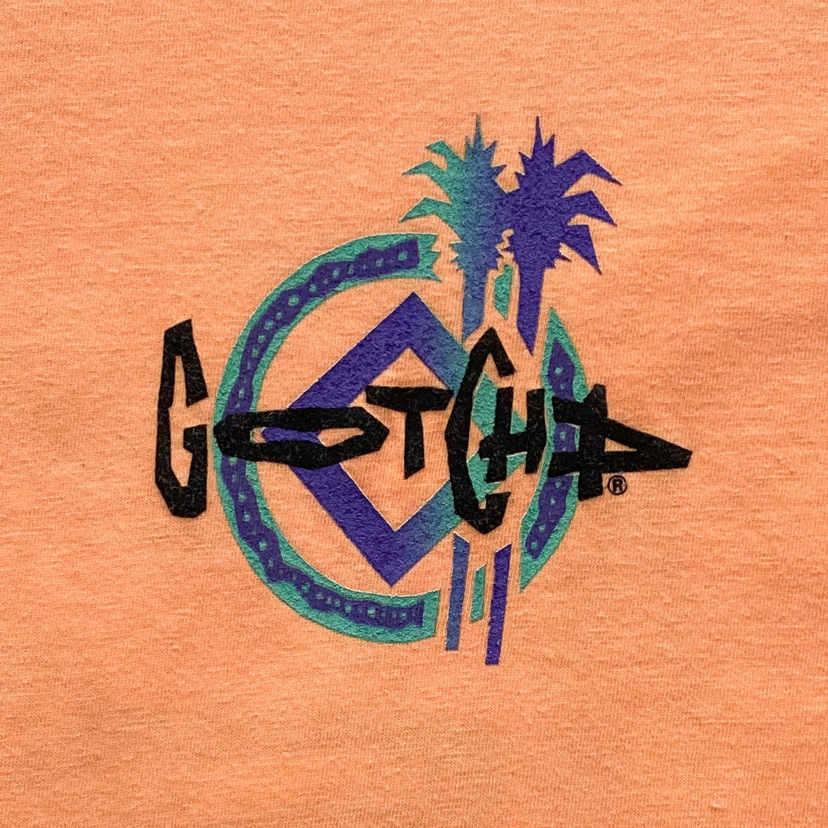 90s Gotcha Surf T-Shirt. Vintage 1991 Gotcha Graphic Logo Peach