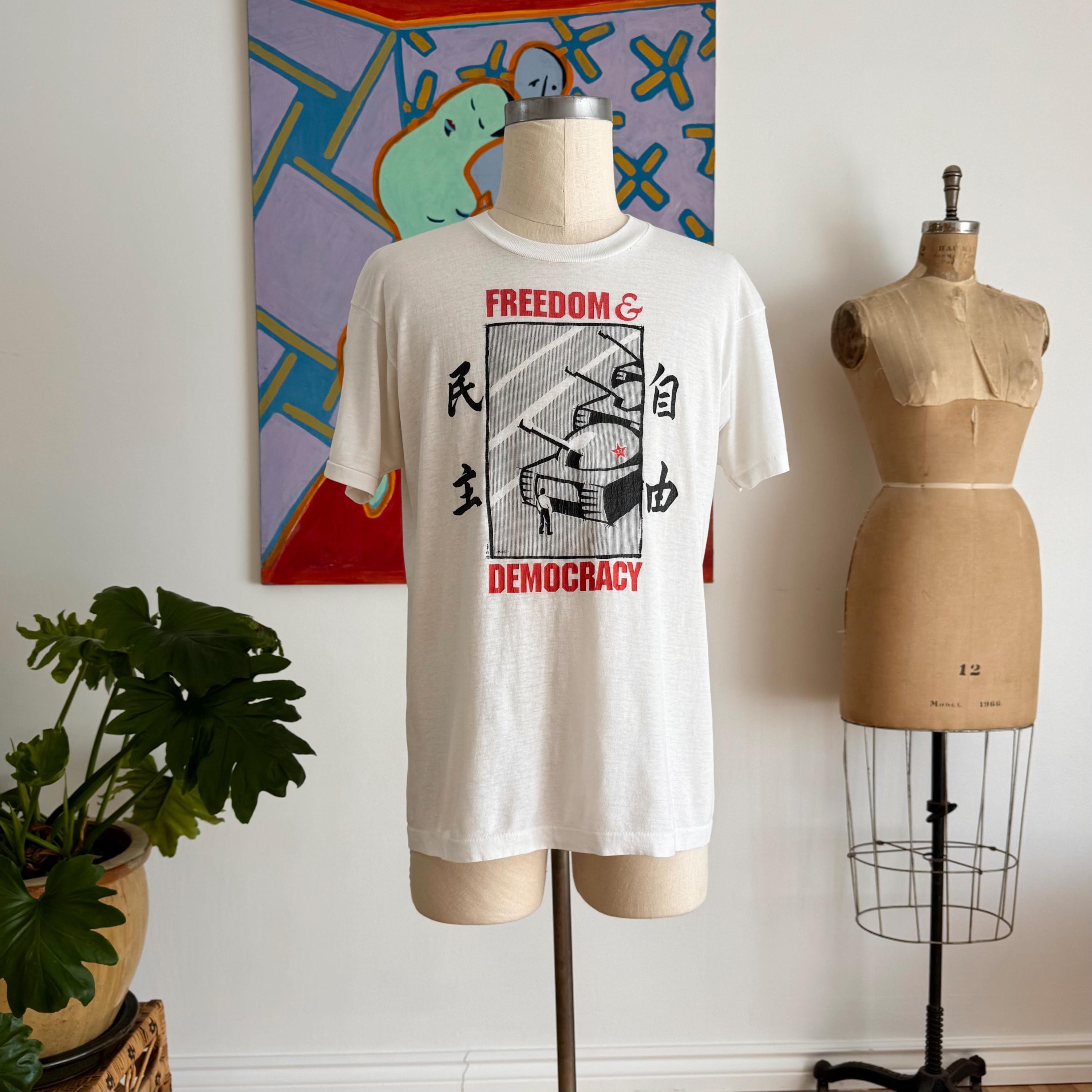 80s Freedom & Democracy T-shirt. Vintage 1989 Tiananmen Square