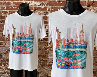 80s New York City Graphic Art Souvenir T-Shirt. Vintage 1980s I Love N.Y. Dayglo Graphic Souvenir Tee. Single Stitch - Large 21" x 28"