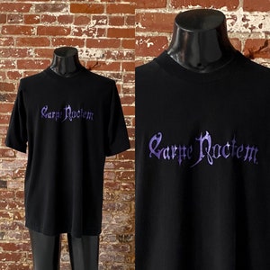 90s Carpe Noctem Magazine T-Shirt. Vintage 1990s Carpe Noctem Seize The Night Goth Tee. Single Stitch - XL Long 23.5&quot; x 30.5&quot;