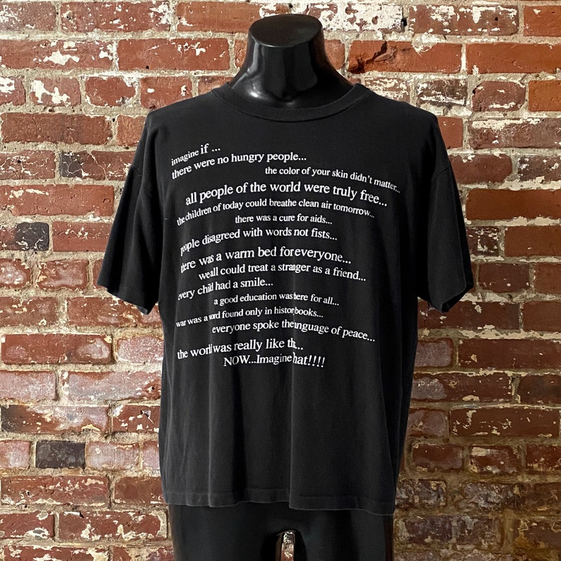90s Imagine... “World Peace” Statement T-Shirt. Vintage 1990s Imagine an Ideal World Statement Tee. Single Stitch - XL Boxy Fit 24.5" x 25" image 2