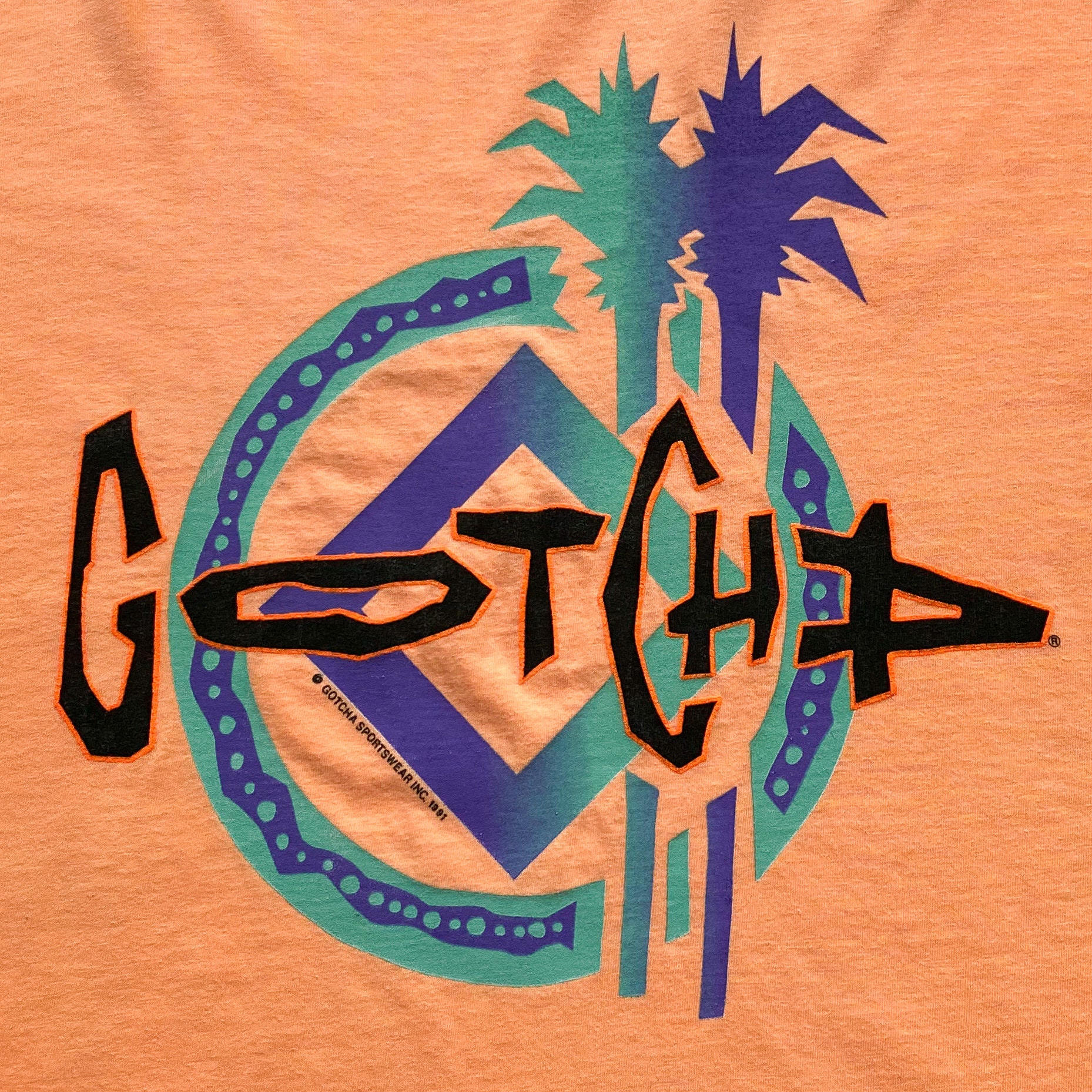 90s Gotcha Surf T-Shirt. Vintage 1991 Gotcha Graphic Logo Peach
