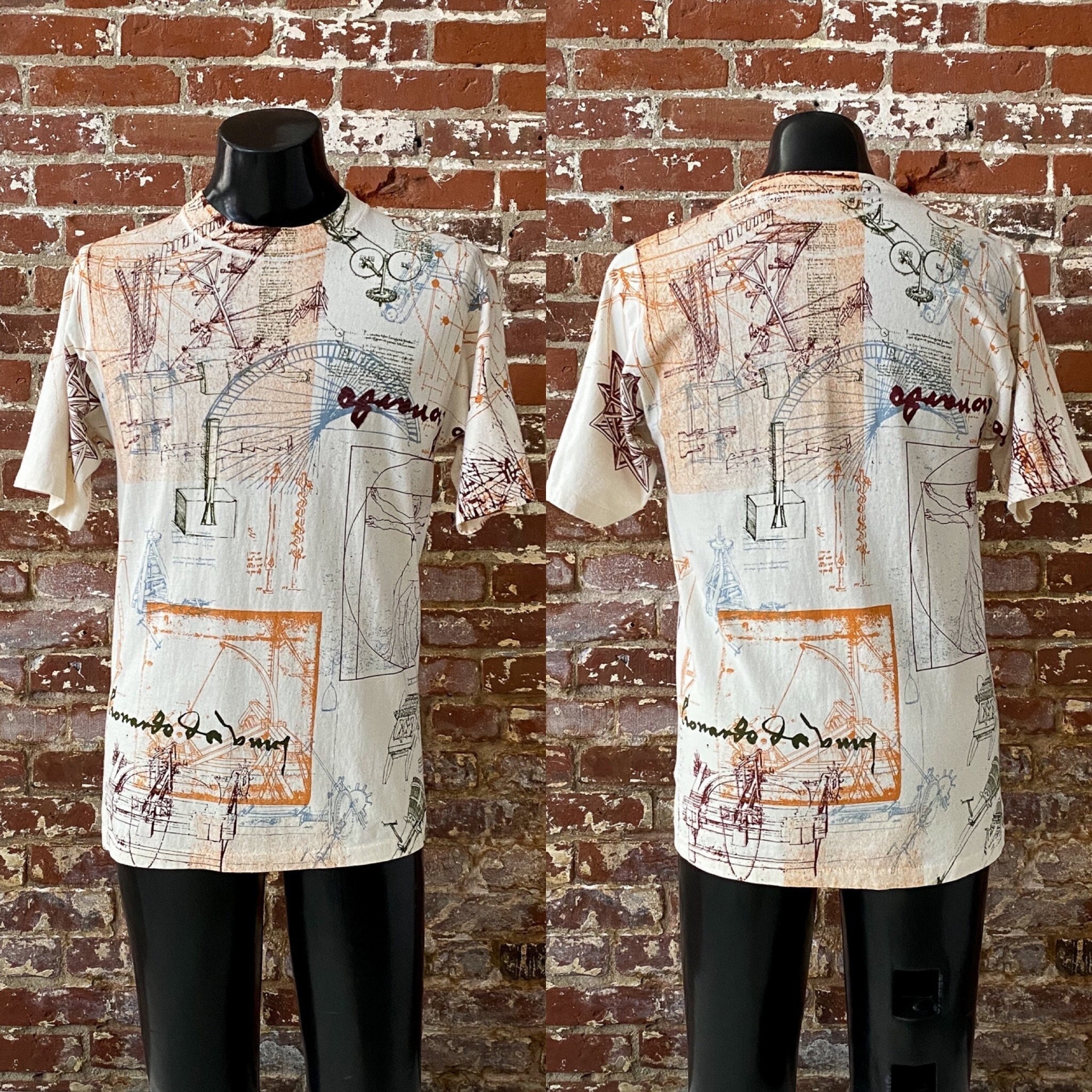 90s Leonardo Da Vinci Invention Illustrations T-shirt. Vintage 