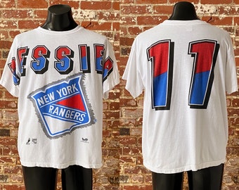 90s Mark Messier Spell Out New York Rangers T-Shirt. Vintage 1994 Woody Sports NHL New York Rangers Tee Cotton Boxy Fit - XL 24.5" x 27"
