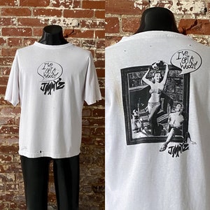 90s Jimmy Z &quot;I&#39;ve Got A Woody!&quot; Surf T-Shirt. Vintage 1990s Jimmy&#39;Z Woody Wagon Bikini Girl Graphic Tee. Single Stitch Hem - Large 22&quot; x 27&quot;