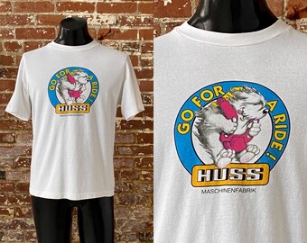 90s HUSS Park Attractions “Go For A Ride” Promo T-Shirt. Vintage 1990s HUSS European Amusement Park Ride Manufacturer Tee - Med 20.5" x 27"