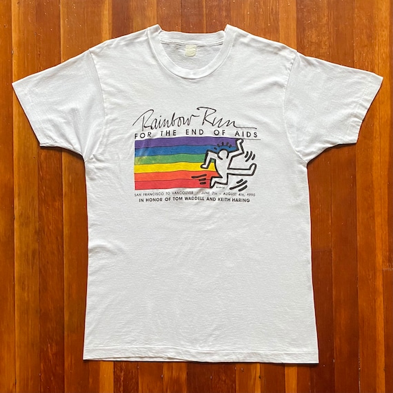激レア スペシャル 90s keith haring アートTシャツ art 90s Keith Haring Rainbow Run Art T-shirt. Vintage 1990