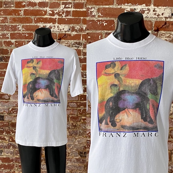 90s Franz Marc Little Blue Horse Art T-Shirt. Vintage 1990s Franz Marc Art Painting Tee. Heavy Cotton Made in USA - Medium Long 20" x 29"
