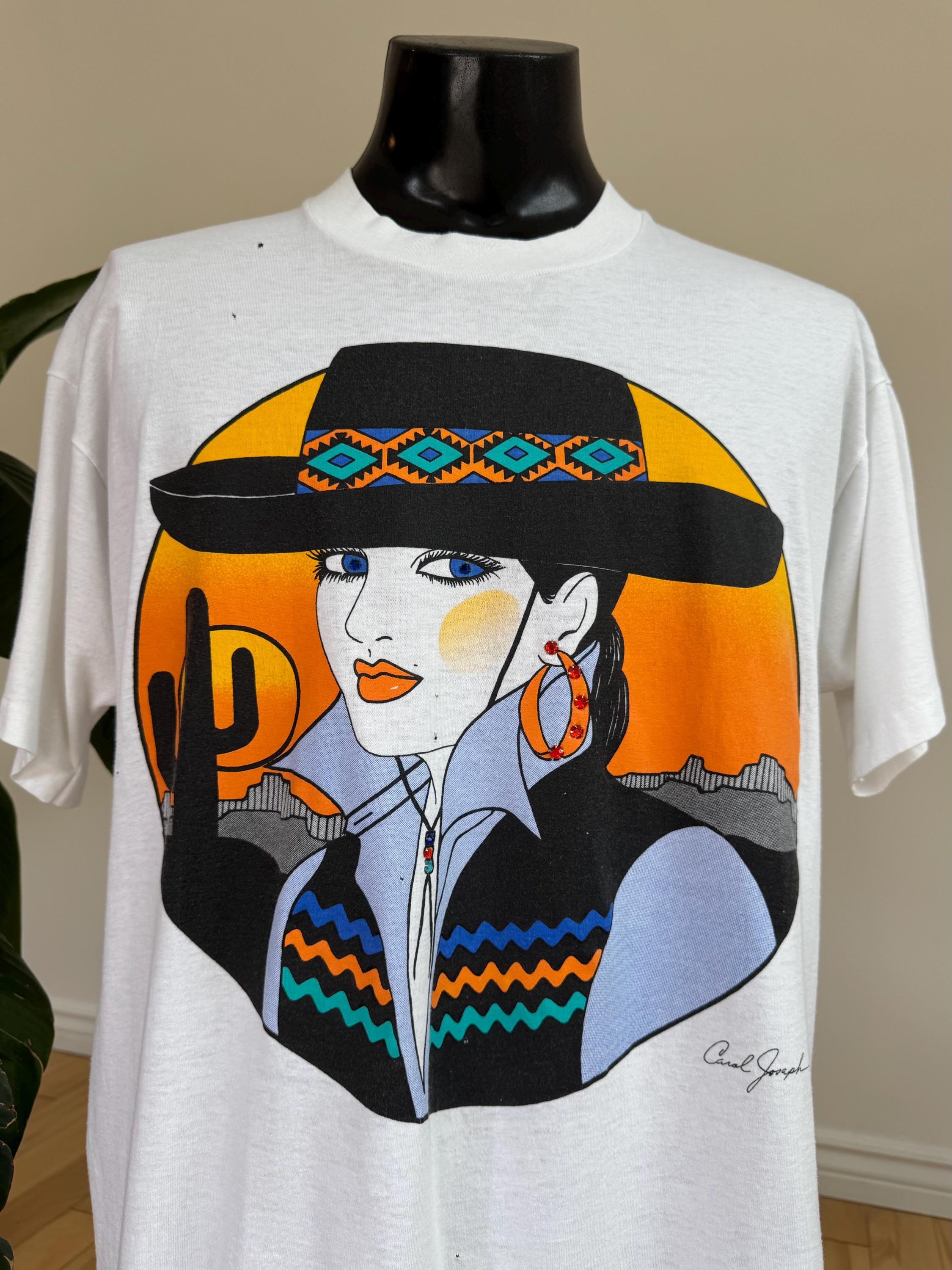 90年代キャロル・ジョセフ作、南西部カウガールアートTシャツ 